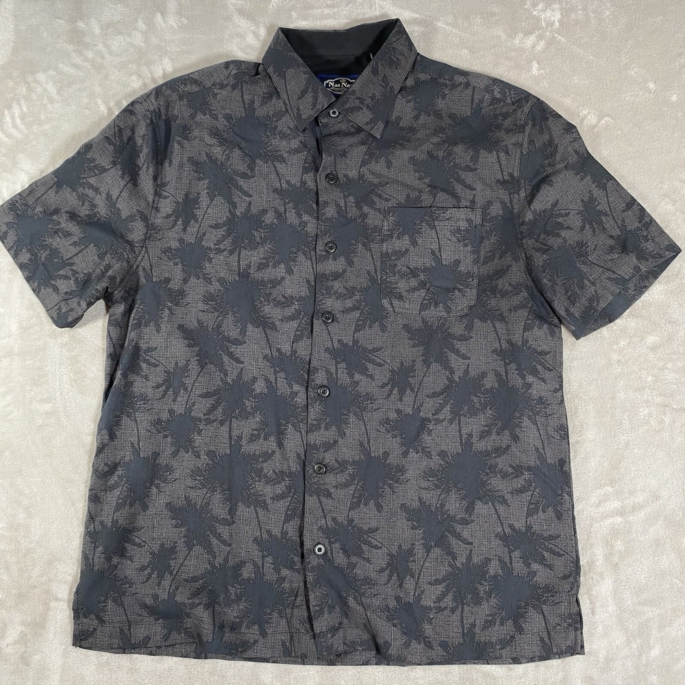 Nat Nast Shirt Mens Black Medium Button Up Palm Trees Hawaiian Silk Blend